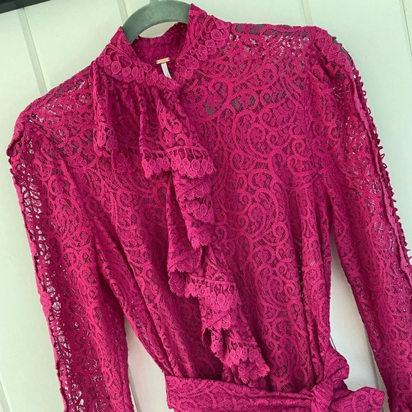 Free People, Dreams of You Lace Long Sleeve Mini Dress, Raspberry, Magenta, Pink - Picture 3 of 7